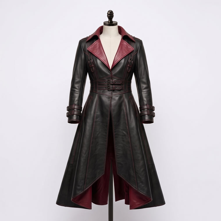 Women’s Gothic Corset Leather Trench Coat – Burgundy & Black