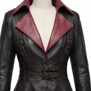 Women’s Gothic Corset Leather Trench Coat – Burgundy & Black