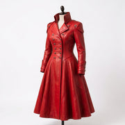 Women's Red Double-Breasted Military Gothic Leather Trench Coat