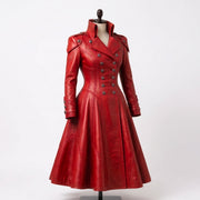Women's Red Double-Breasted Military Gothic Leather Trench Coat