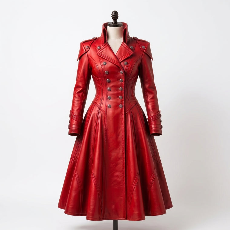 Women's Red Double-Breasted Military Gothic Leather Trench Coat