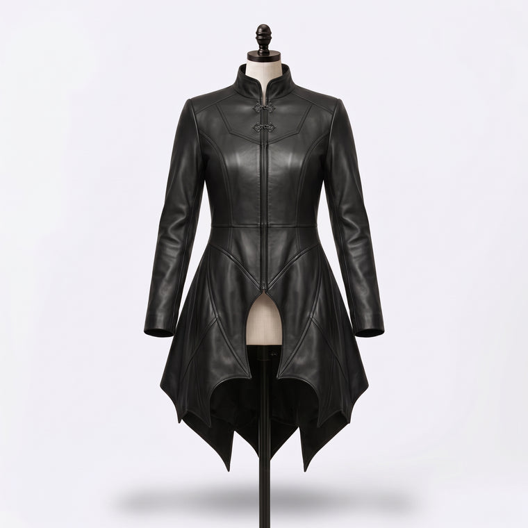 Black Gothic Vampire Leather Coat – Victorian High-Low Design