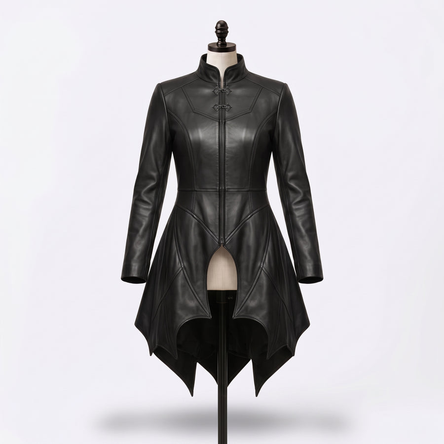 Black Gothic Vampire Leather Coat – Victorian High-Low Design