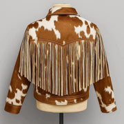 "Cowhide print fringe jacket, back view, showing western-style yoke and long tassel fringe on mannequin."